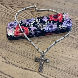 Brighton Lola Silver Tone Faux Pearl Floral Cross Pendant Necklace  ~ Like New
